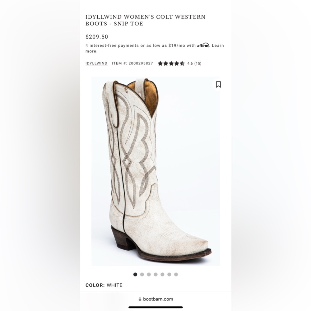 IDYLLWIND WOMEN'S COLT WESTERN BOOTS - SNIP TOE White Western Cowboy Boots - Picture 7 of 7